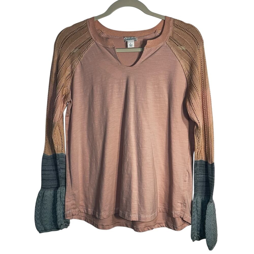 Sundance Pink and Gray V-Neck Sweater with Textured Sleeves